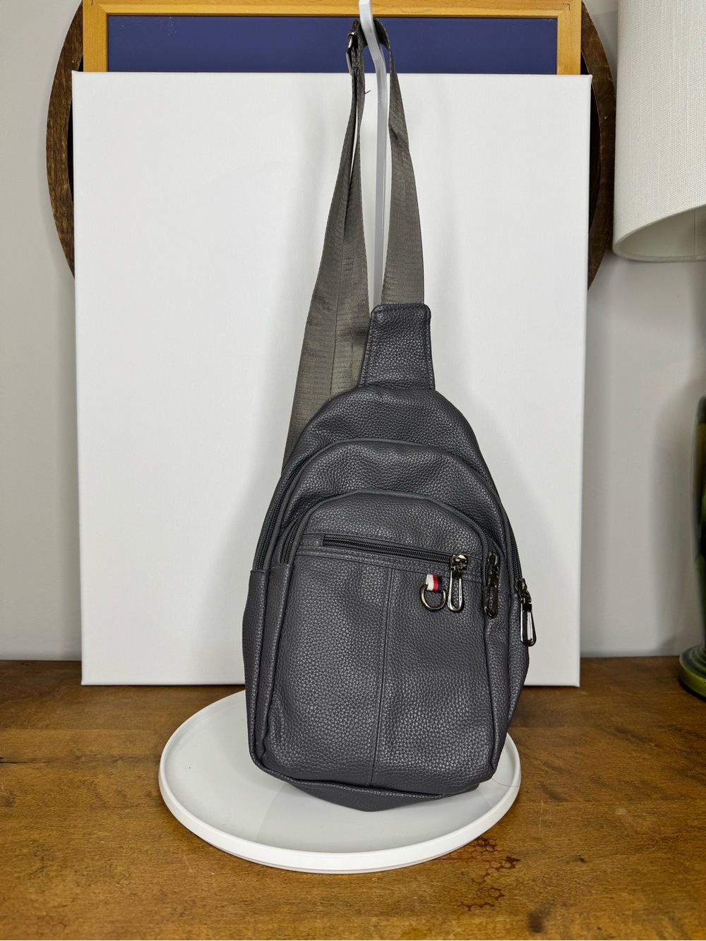 Gray Vegan Leather Crossbody Bag